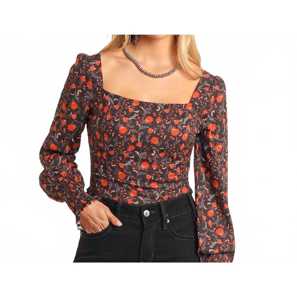 NEW ROCK & ROLL DENIM floral print corset blouse in black